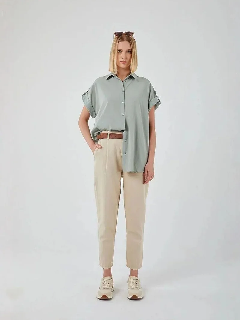ميكسراي Mixray Short Sleeve Oversize Poplin Buttoned Shirt